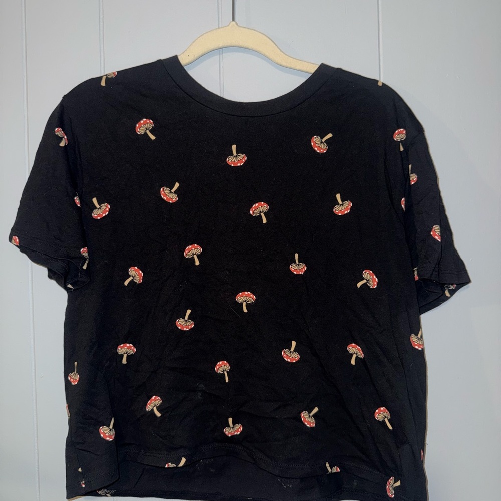 Black T-Shirt with Red Mushroom Print